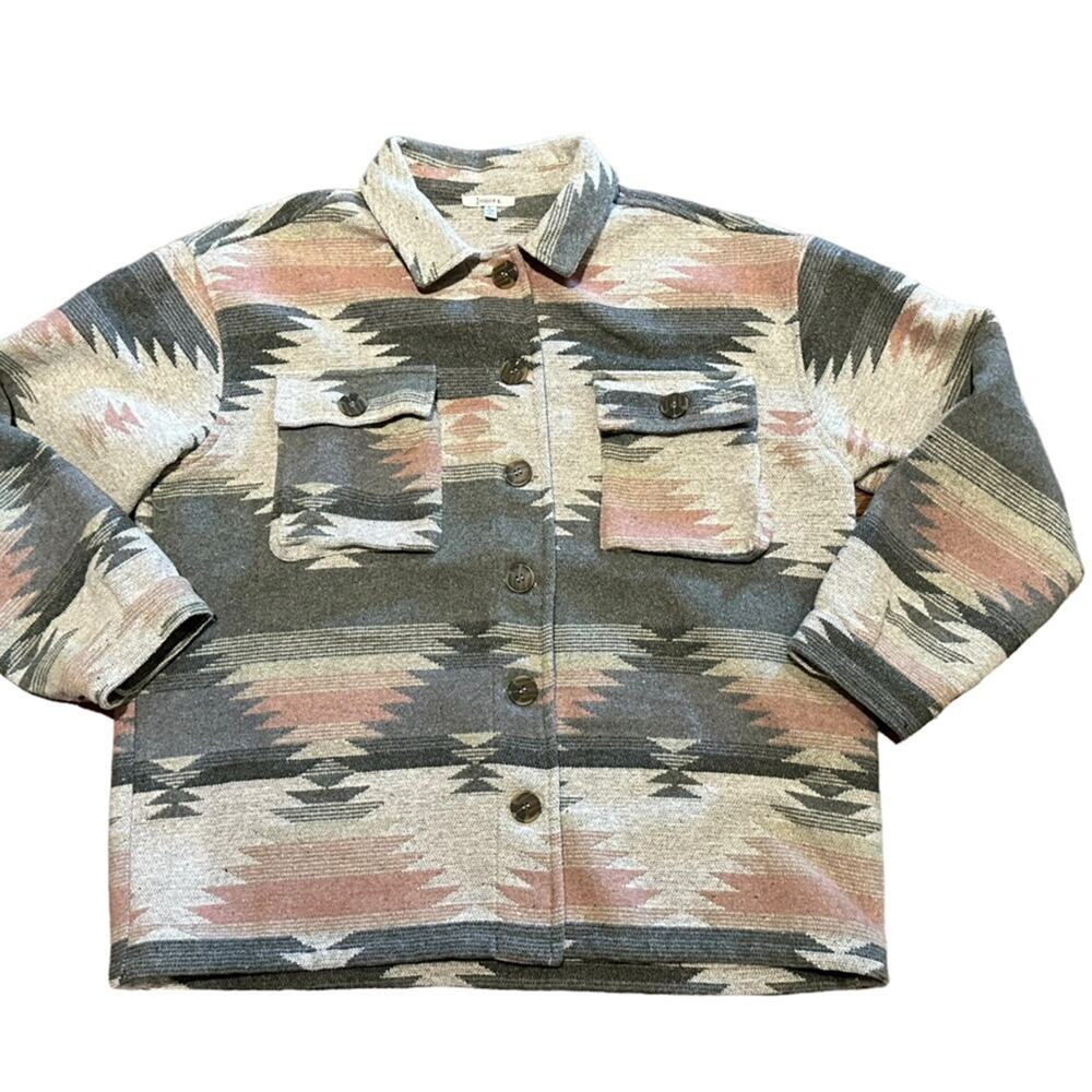 Jodifl Women’s Large Pink and Gray Aztec Button Up Shacket Shirt/Jacket